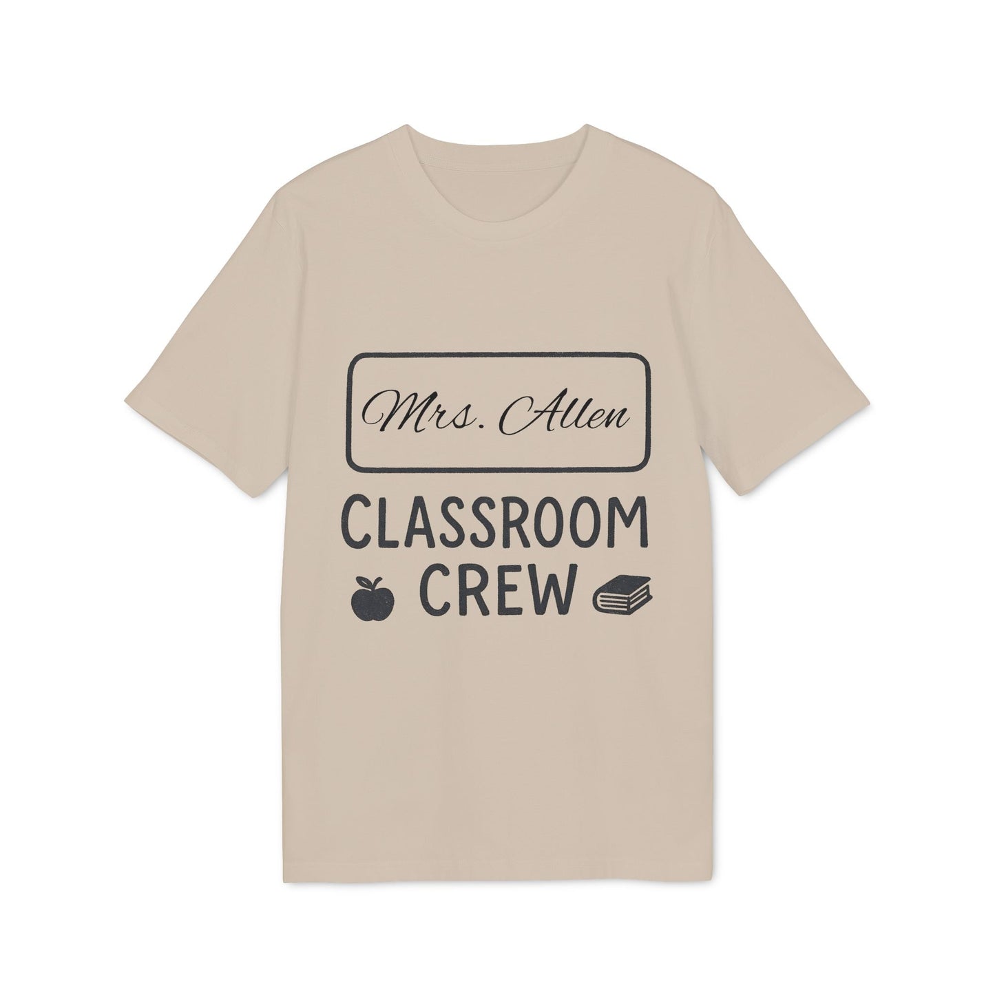 Alt Tag: Teacher Personalized Gift Teacher Premium Unisex T-Shirt beige tee with “Mrs. Allen Classroom Crew” text, apple and book icons