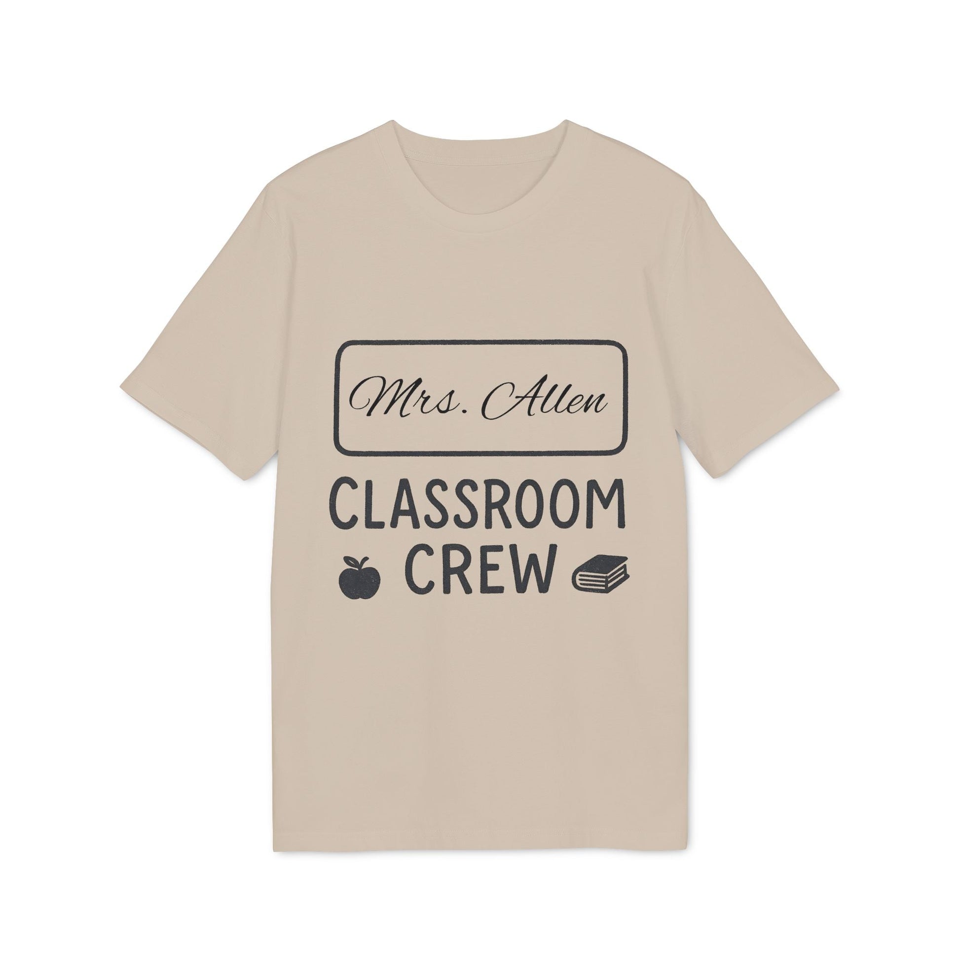 Alt Tag: Teacher Personalized Gift Teacher Premium Unisex T-Shirt beige tee with “Mrs. Allen Classroom Crew” text, apple and book icons
