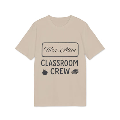 Alt Tag: Teacher Personalized Gift Teacher Premium Unisex T-Shirt beige tee with “Mrs. Allen Classroom Crew” text, apple and book icons