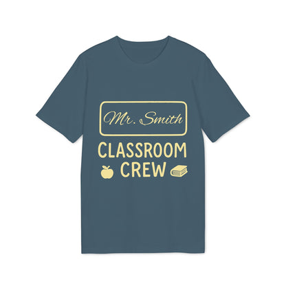 Teacher Personalized Gift Teacher Premium Unisex T-Shirt with "Mr. Smith Classroom Crew" design, apple and books icons