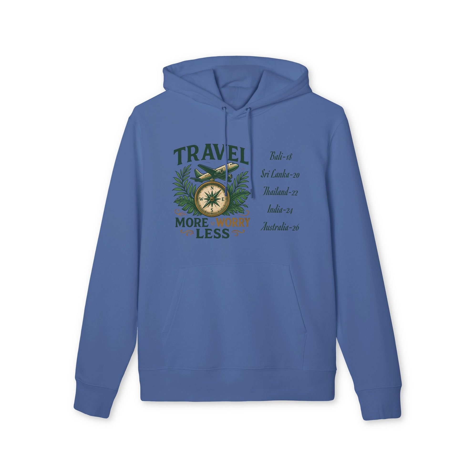 Alt Tag: Personalized Travel Your Destinations 100% Organic Cotton Hoodie azul con diseño Travel More Worry Less y lista de destinos