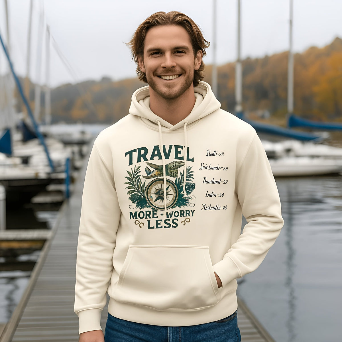 Personalized Travel Your Destinations 100% Organic Cotton Hoodie worn by man, cream hoodie with travel graphic and destination list