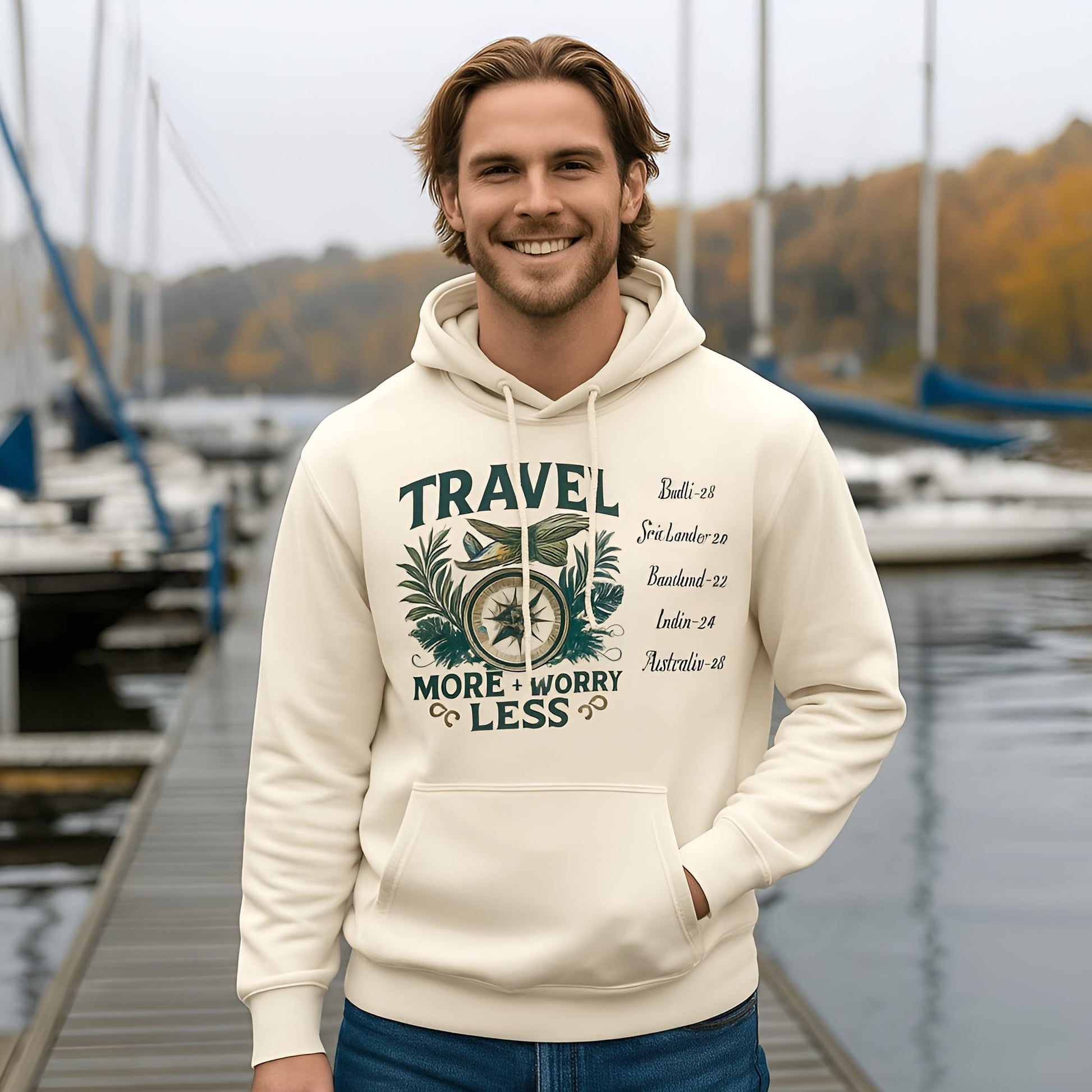 Personalized Travel Your Destinations 100% Organic Cotton Hoodie worn by man, cream hoodie with travel graphic and destination list