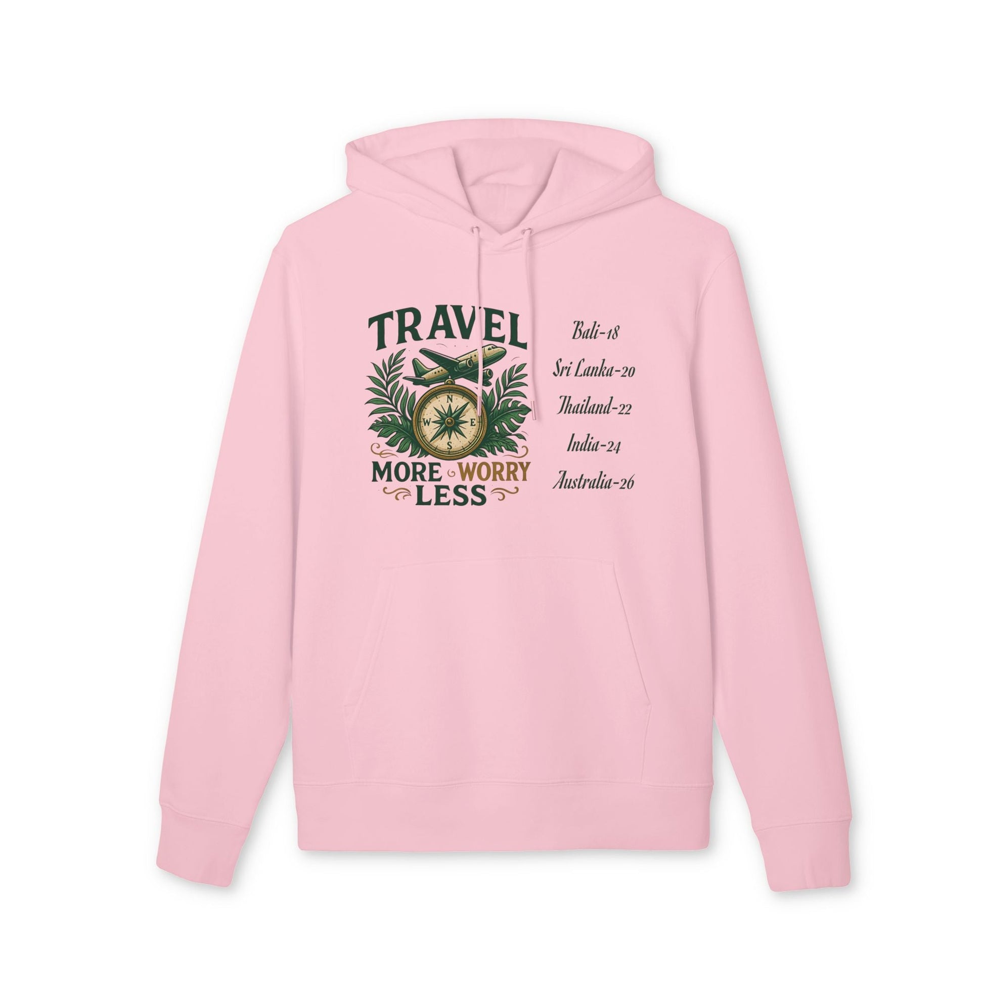 Alt Tag: Personalized Travel Your Destinations 100% Organic Cotton Hoodie in pink with “Travel more worry less” graphic and destination list