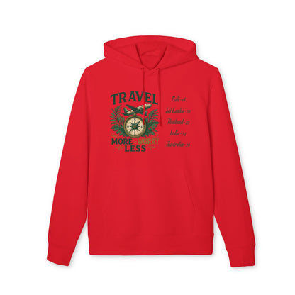 Alt Tag: Personalized Travel Your Destinations 100% Organic Cotton Hoodie roja con diseño Travel More Worry Less y lista de destinos personalizados