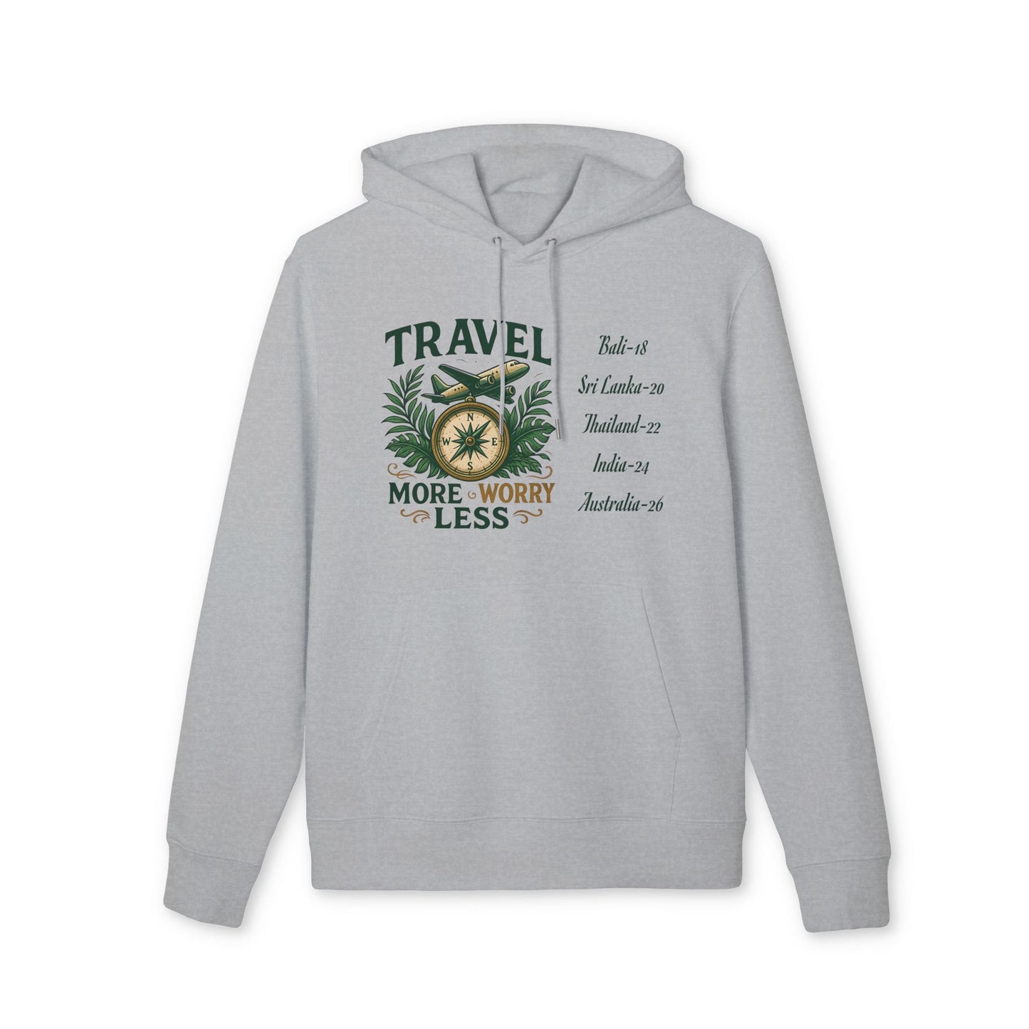 Personalized Travel Your Destinations 100% Organic Cotton Hoodie gris con capucha, gráfico TRAVEL y lista de destinos personalizados