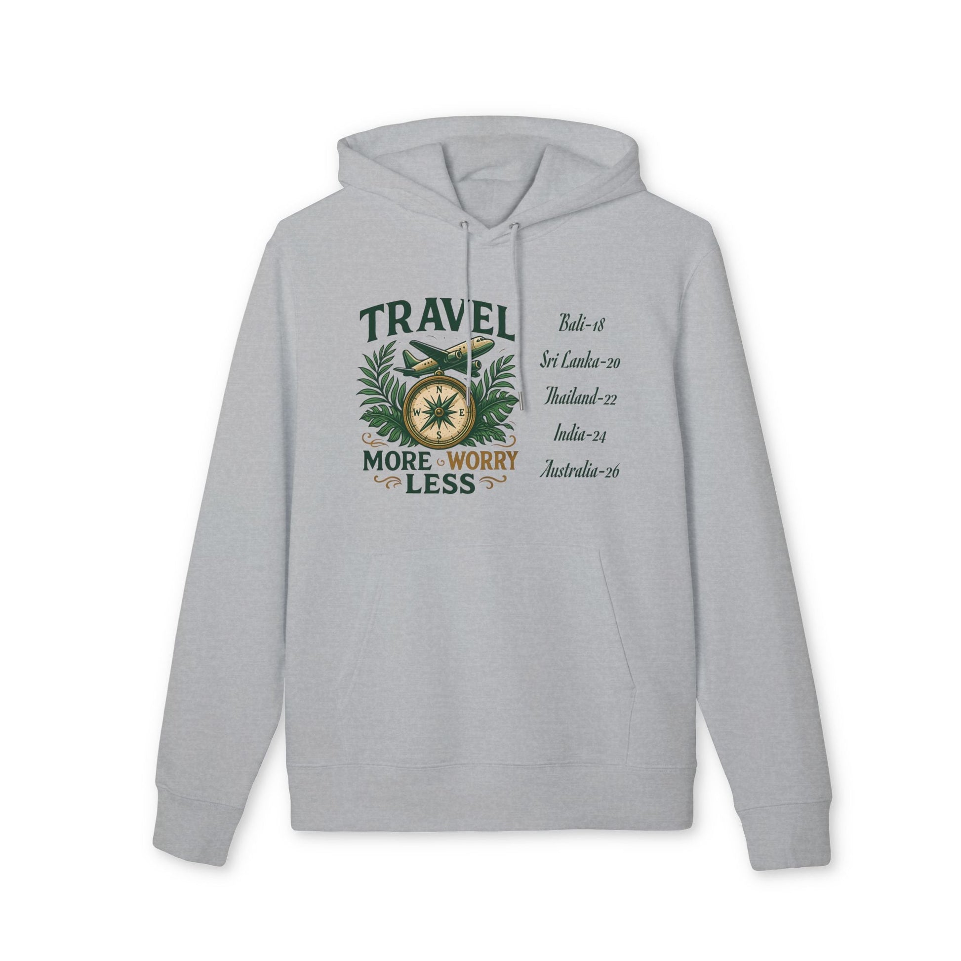 Personalized Travel Your Destinations 100% Organic Cotton Hoodie gris con capucha, gráfico TRAVEL y lista de destinos personalizados