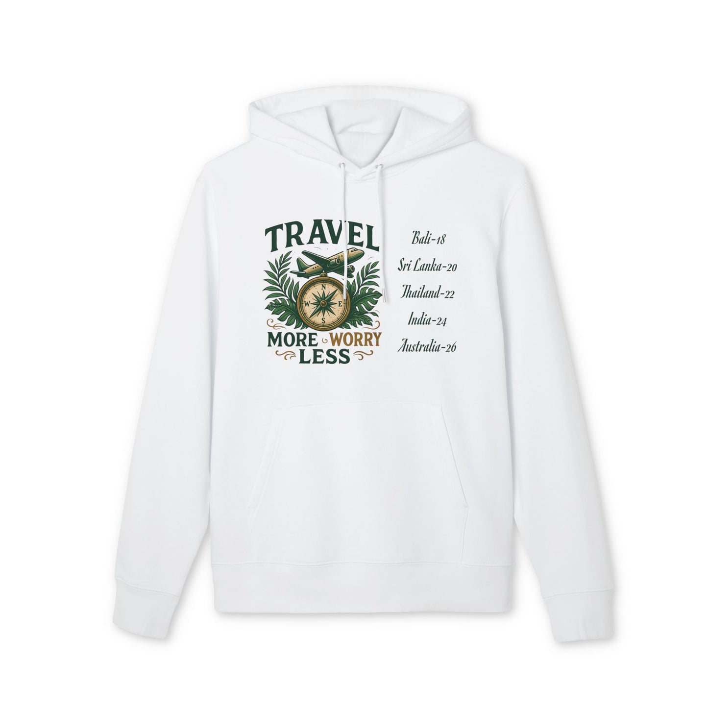 Personalized Travel Your Destinations 100% Organic Cotton Hoodie white pullover with travel graphic and list of destinations