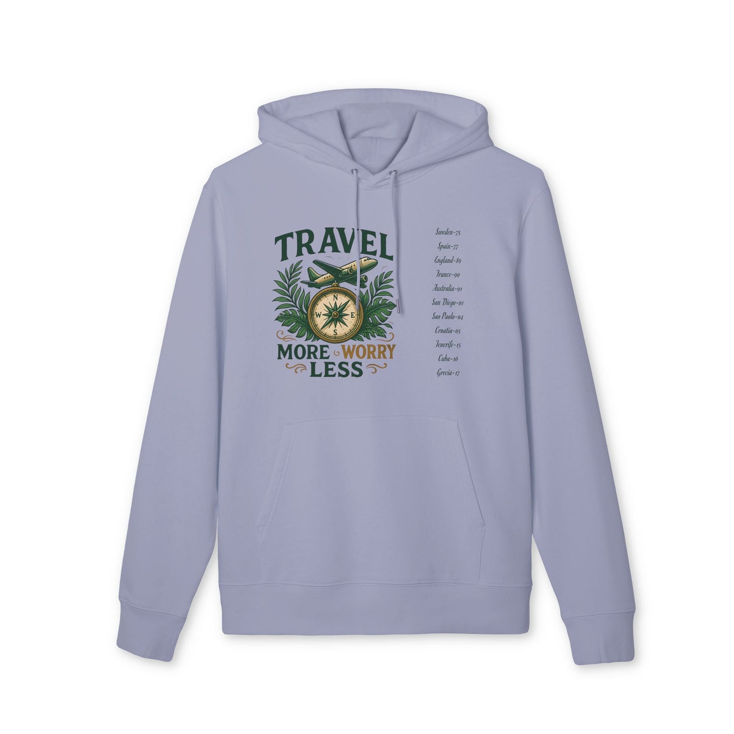 Alt Tag: Personalized Travel Your Destinations 100% Organic Cotton Hoodie with travel graphic and destination list on front