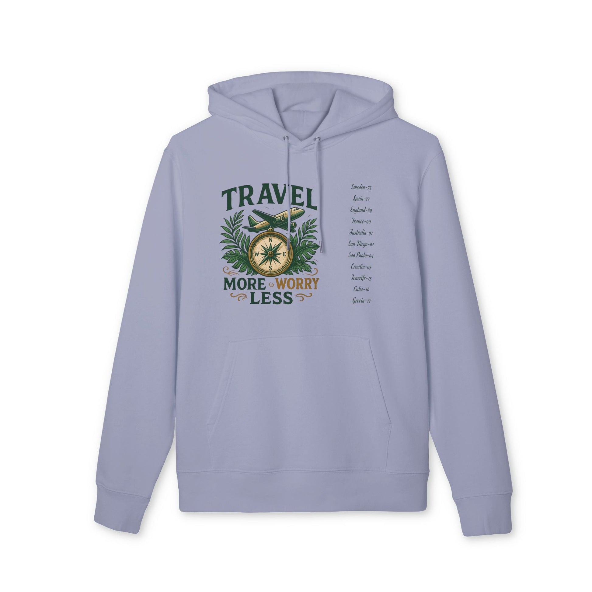 Alt Tag: Personalized Travel Your Destinations 100% Organic Cotton Hoodie with travel graphic and destination list on front