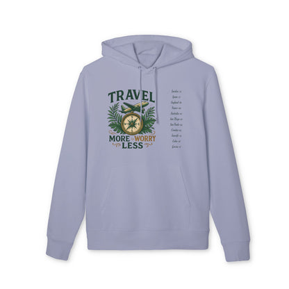 Alt Tag: Personalized Travel Your Destinations 100% Organic Cotton Hoodie with travel graphic and destination list on front