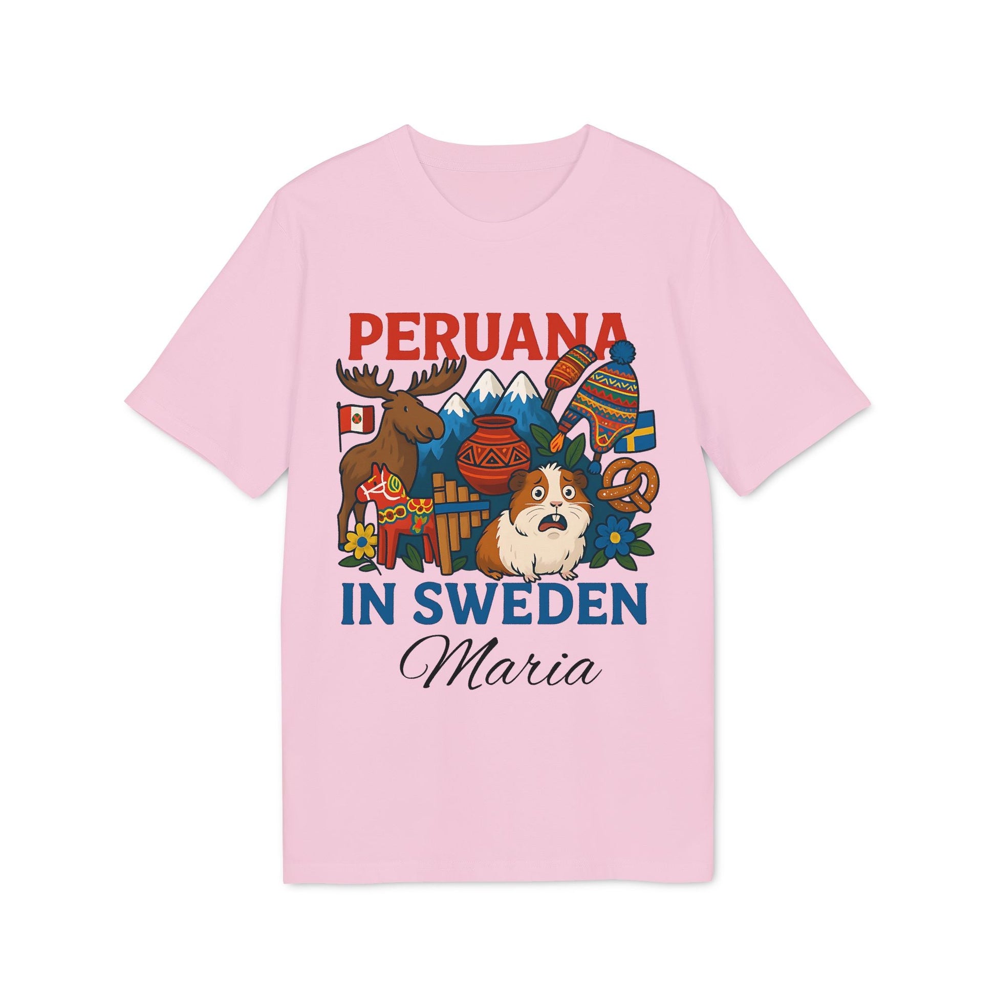 Peruana Sweden Personalized With Name 100% Organic Cotton T-Shirt pink tee with Peruana in Sweden graphic and personalized name Maria