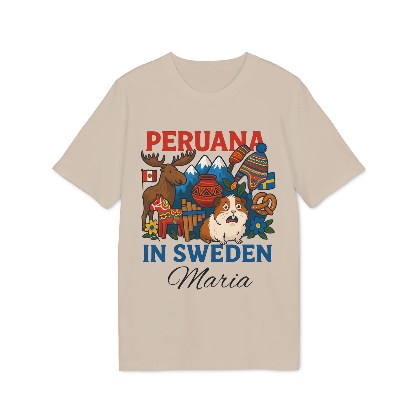 Alt Tag: Peruana Sweden Personalized With Name 100% Organic Cotton T-Shirt beige tee “Peruana in Sweden” graphic with mountains, llama, name Maria