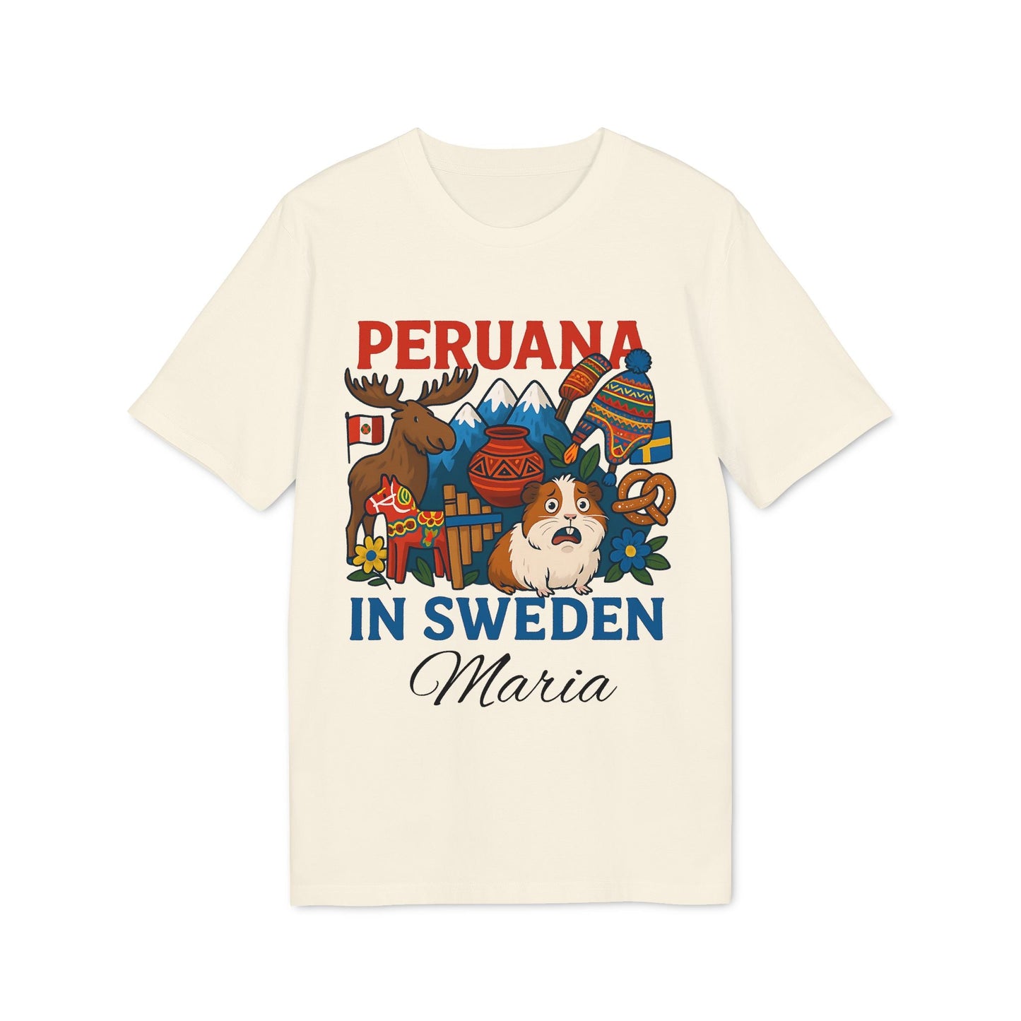 Alt Tag: Peruana Sweden Personalized With Name 100% Organic Cotton T-Shirt cream tee with Peruanas in Sweden graphic and name Maria