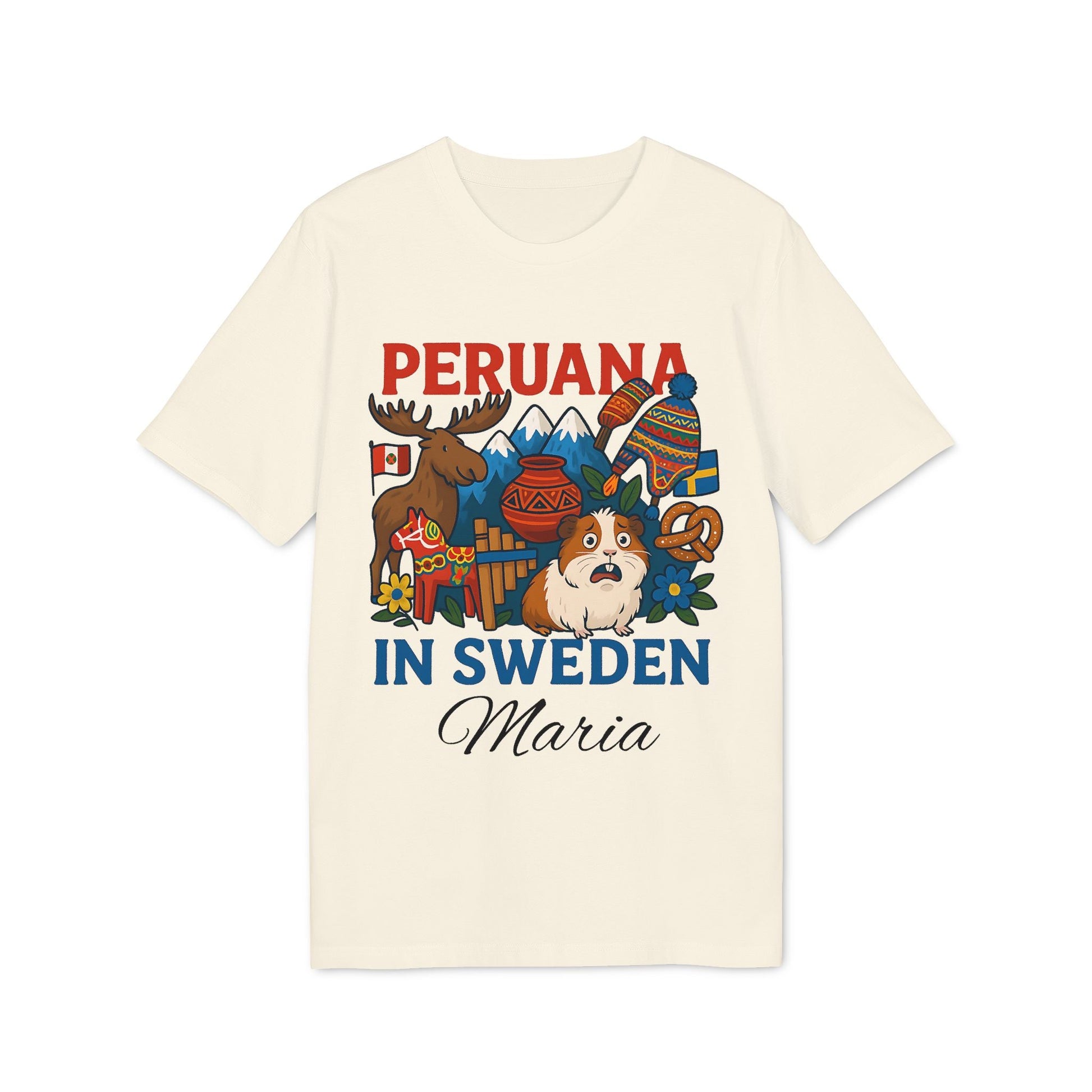 Alt Tag: Peruana Sweden Personalized With Name 100% Organic Cotton T-Shirt cream tee with Peruanas in Sweden graphic and name Maria