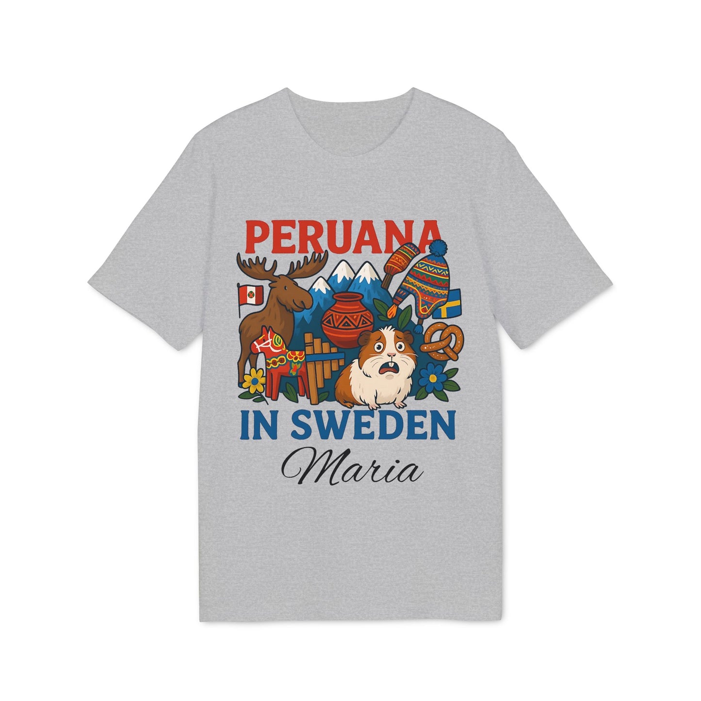 Peruana Sweden Personalized With Name 100% Organic Cotton T-Shirt gray tee with “Peruana in Sweden” graphic and name Maria