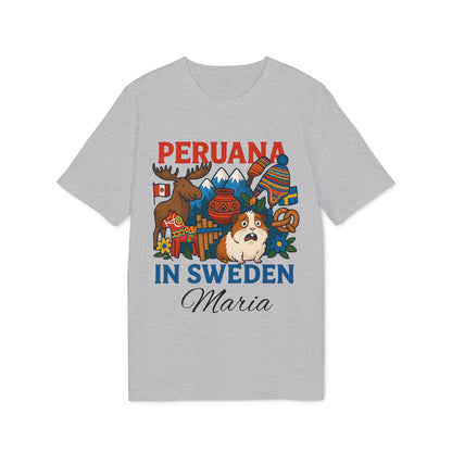 Peruana Sweden Personalized With Name 100% Organic Cotton T-Shirt gray tee with “Peruana in Sweden” graphic and name Maria