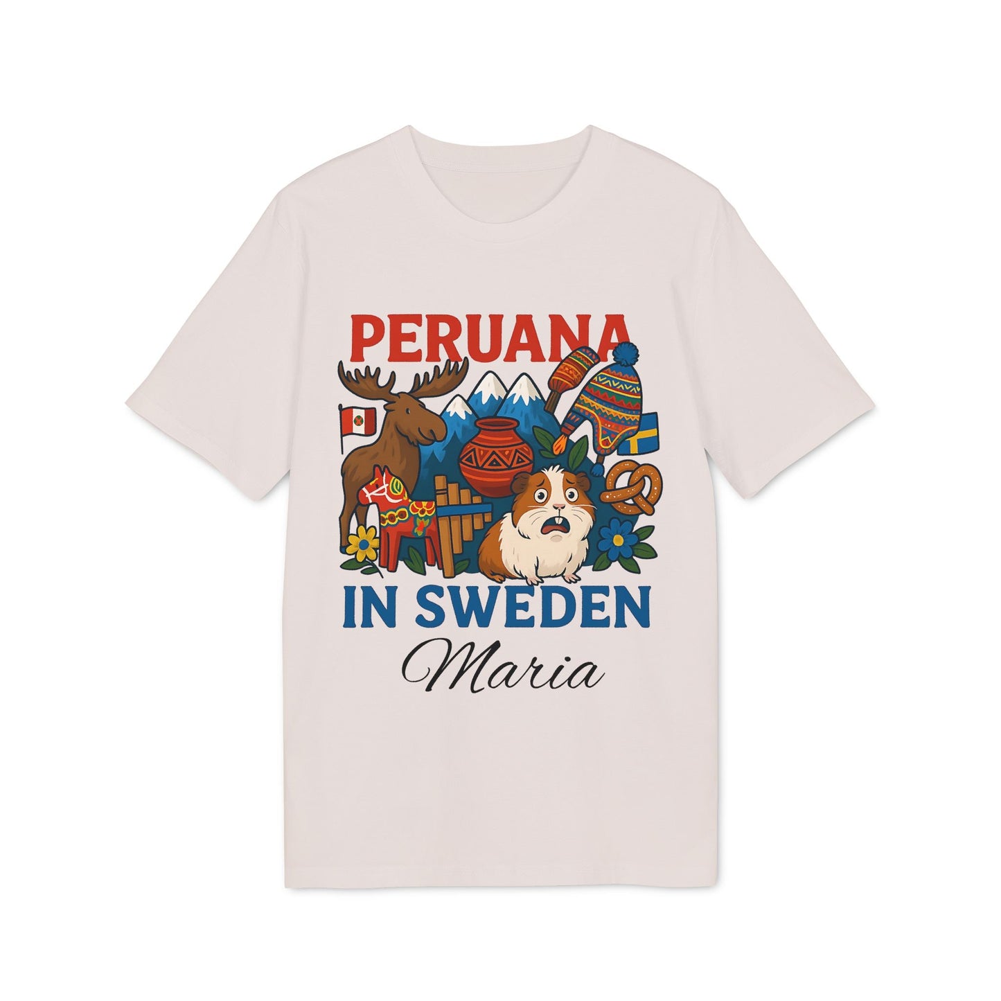 Alt Tag: Peruana Sweden Personalized With Name 100% Organic Cotton T-Shirt, "Peruana in Sweden" graphic tee with mountains, llama and Maria name