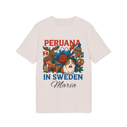 Alt Tag: Peruana Sweden Personalized With Name 100% Organic Cotton T-Shirt, "Peruana in Sweden" graphic tee with mountains, llama and Maria name