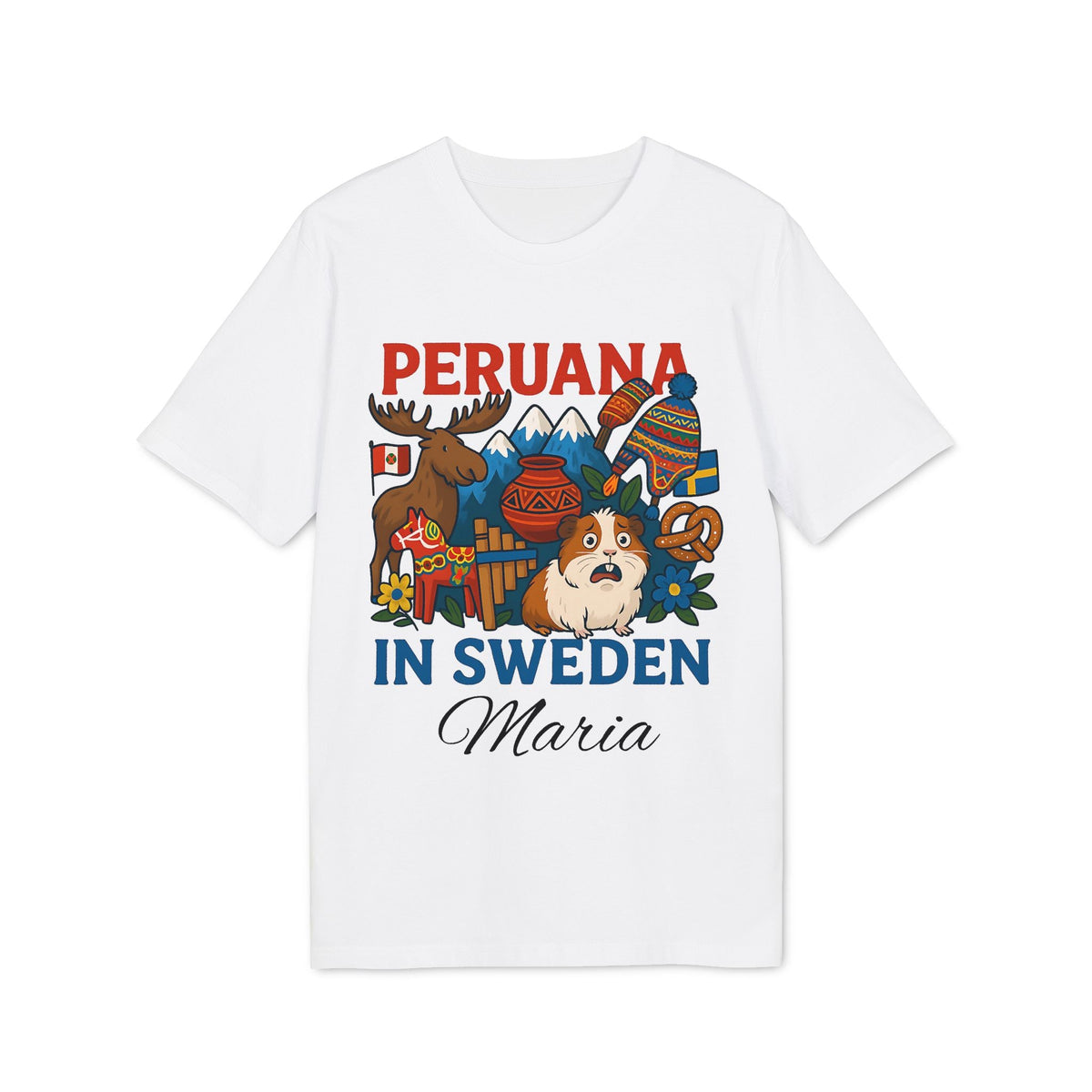 Alt Tag: Peruana Sweden Personalized With Name 100% Organic Cotton T-Shirt white tee 