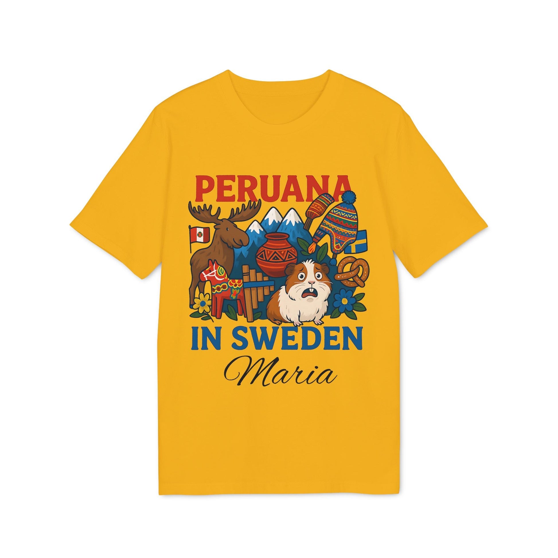 Peruana Sweden Personalized With Name 100% Organic Cotton T-Shirt amarillo con gráfico “Peruana in Sweden” y nombre Maria