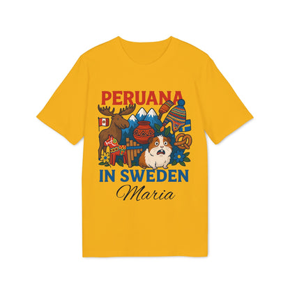 Peruana Sweden Personalized With Name 100% Organic Cotton T-Shirt amarillo con gráfico “Peruana in Sweden” y nombre Maria