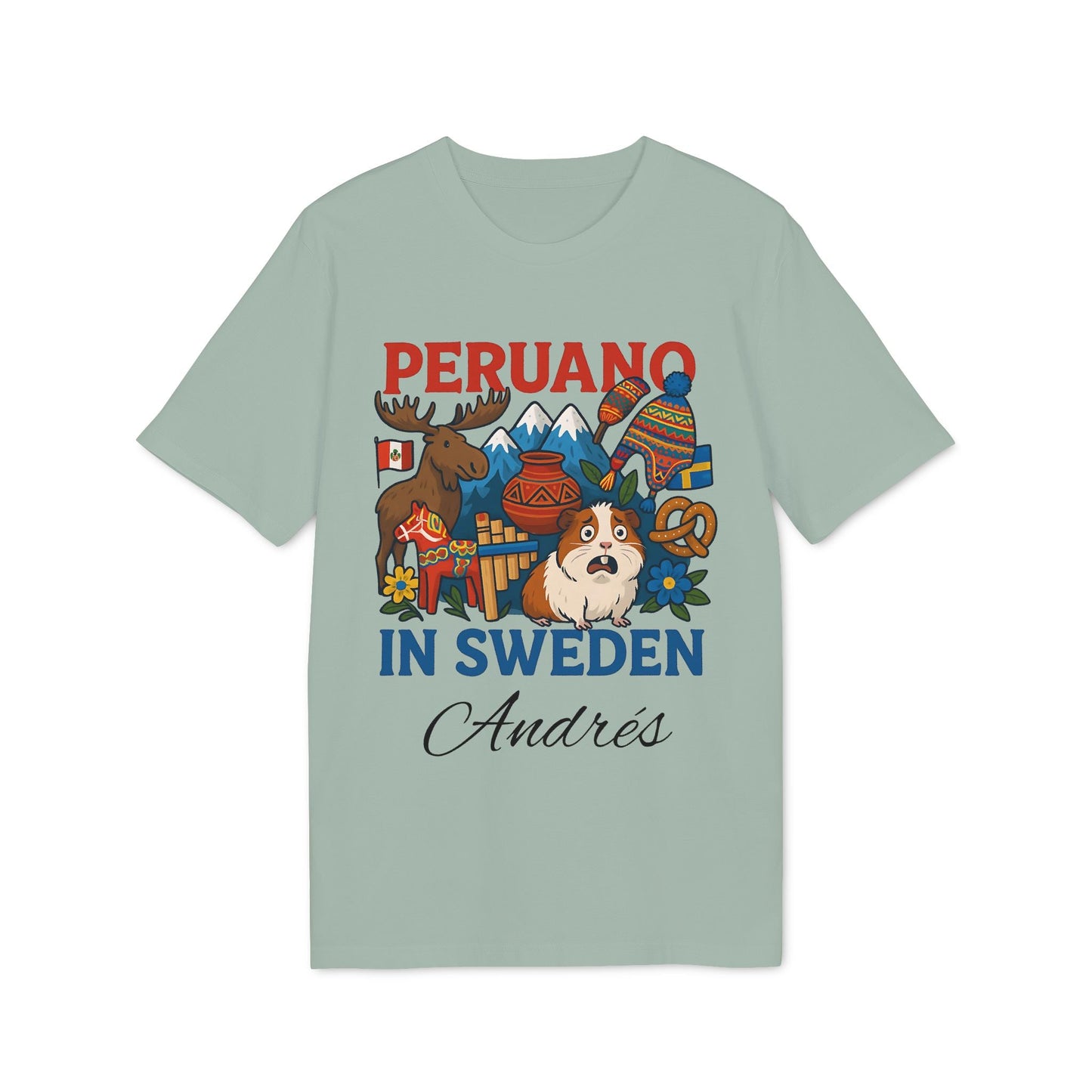 Peruano Sweden Personalized With Name 100% Organic Cotton T-Shirt with "Peruano in Sweden" graphic, mountains, moose, dog, name Andrés
