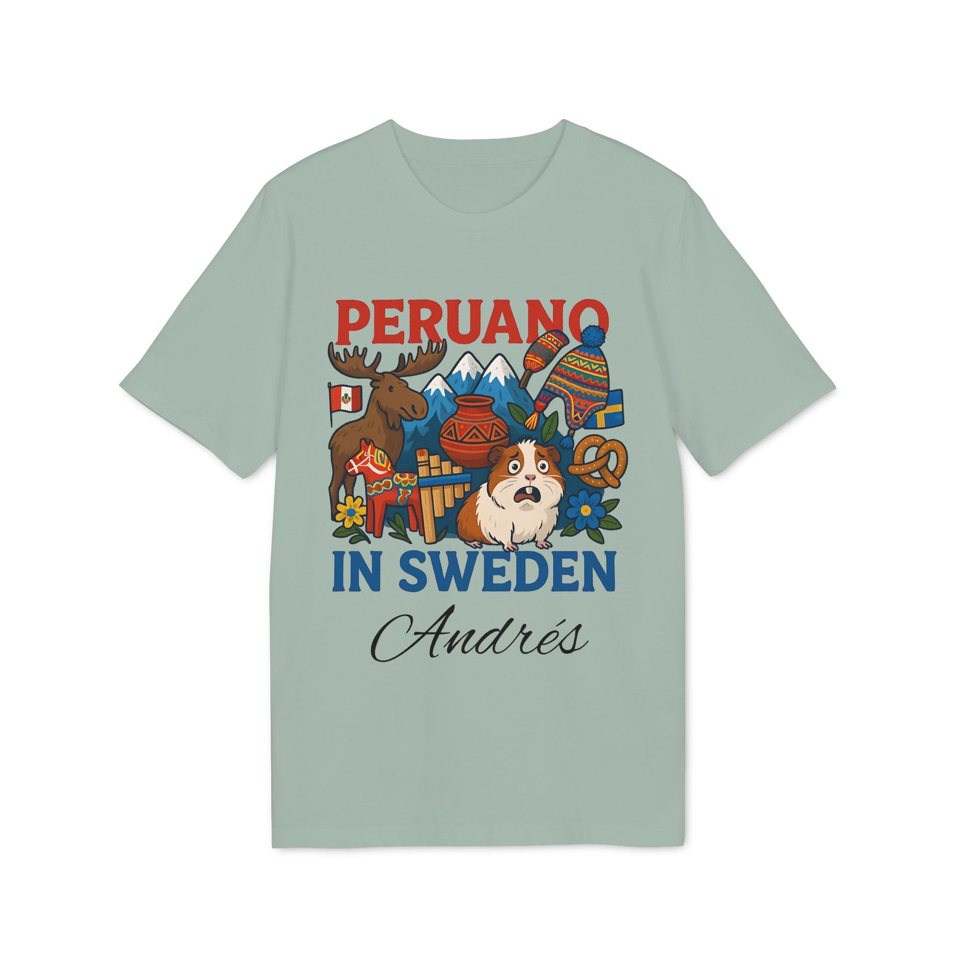 Peruano Sweden Personalized With Name 100% Organic Cotton T-Shirt with "Peruano in Sweden" graphic, mountains, moose, dog, name Andrés