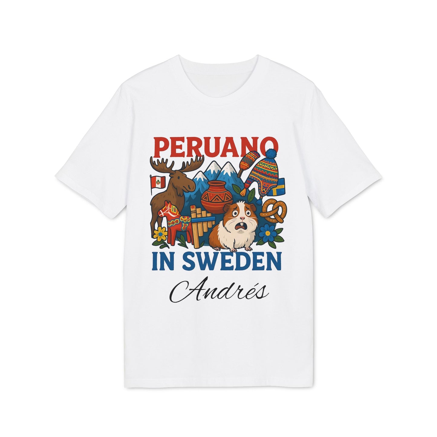 Peruano Sweden Personalized With Name 100% Organic Cotton T-Shirt, white tee with Peruano in Sweden graphic and custom name Andrés