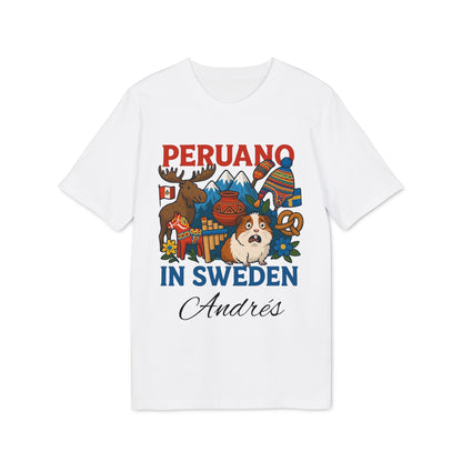 Peruano Sweden Personalized With Name 100% Organic Cotton T-Shirt, white tee with Peruano in Sweden graphic and custom name Andrés