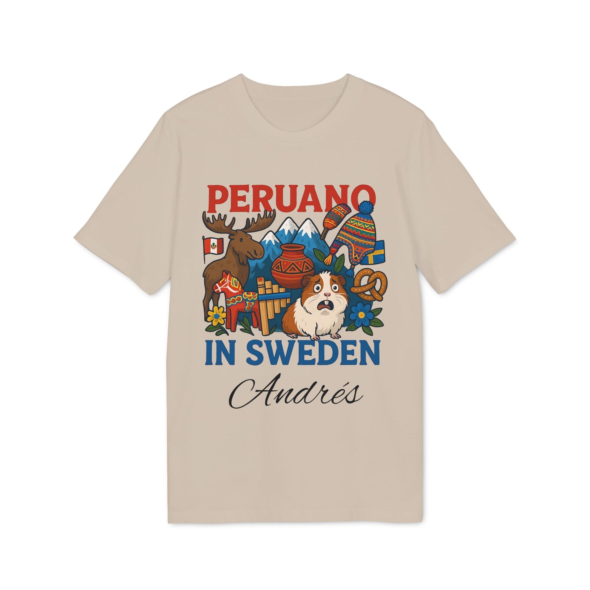 Peruano Sweden Personalized With Name 100% Organic Cotton T-Shirt beige graphic tee “Peruano in Sweden” with Andes name print