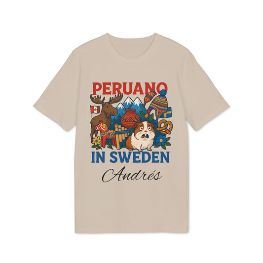 Peruano Sweden Personalized With Name 100% Organic Cotton T-Shirt beige graphic tee “Peruano in Sweden” with Andes name print