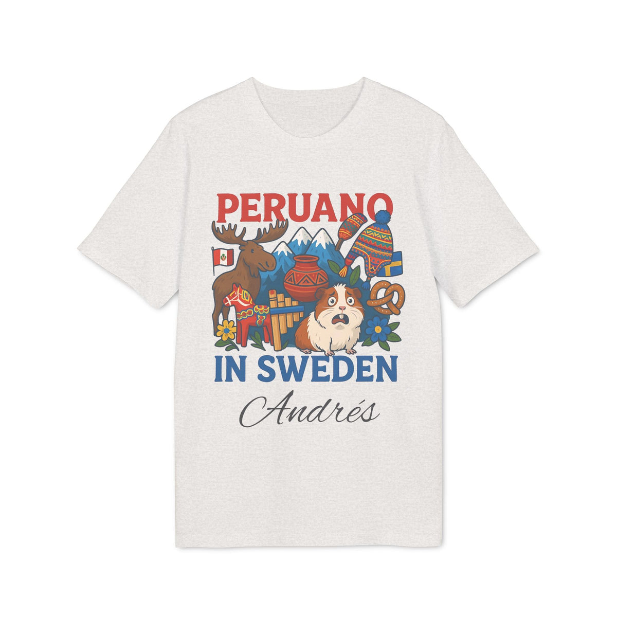 Alt Tag: Peruano Sweden Personalized With Name 100% Organic Cotton T-Shirt with “Peruano in Sweden” graphic and name Andrés