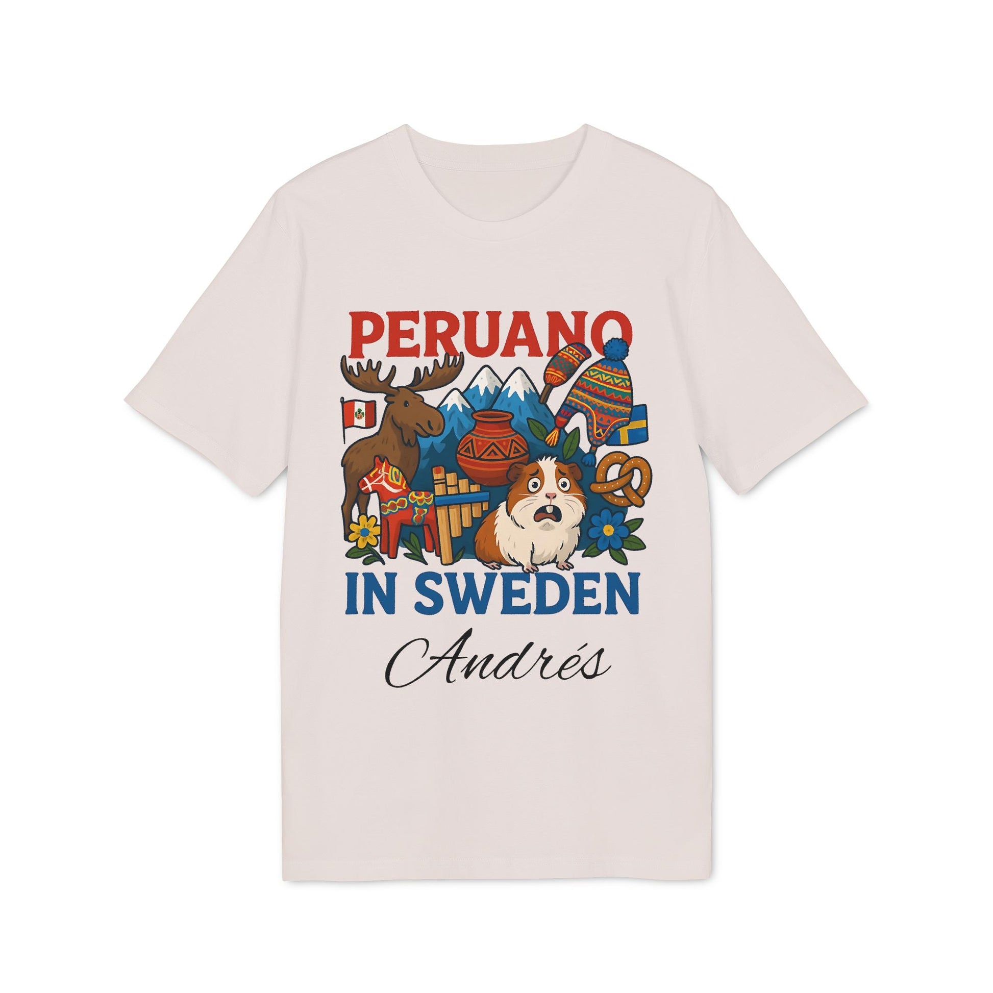 Peruano Sweden Personalized With Name 100% Organic Cotton T-Shirt, “Peruano in Sweden” graphic tee with Andes mountains, llama, flag and name