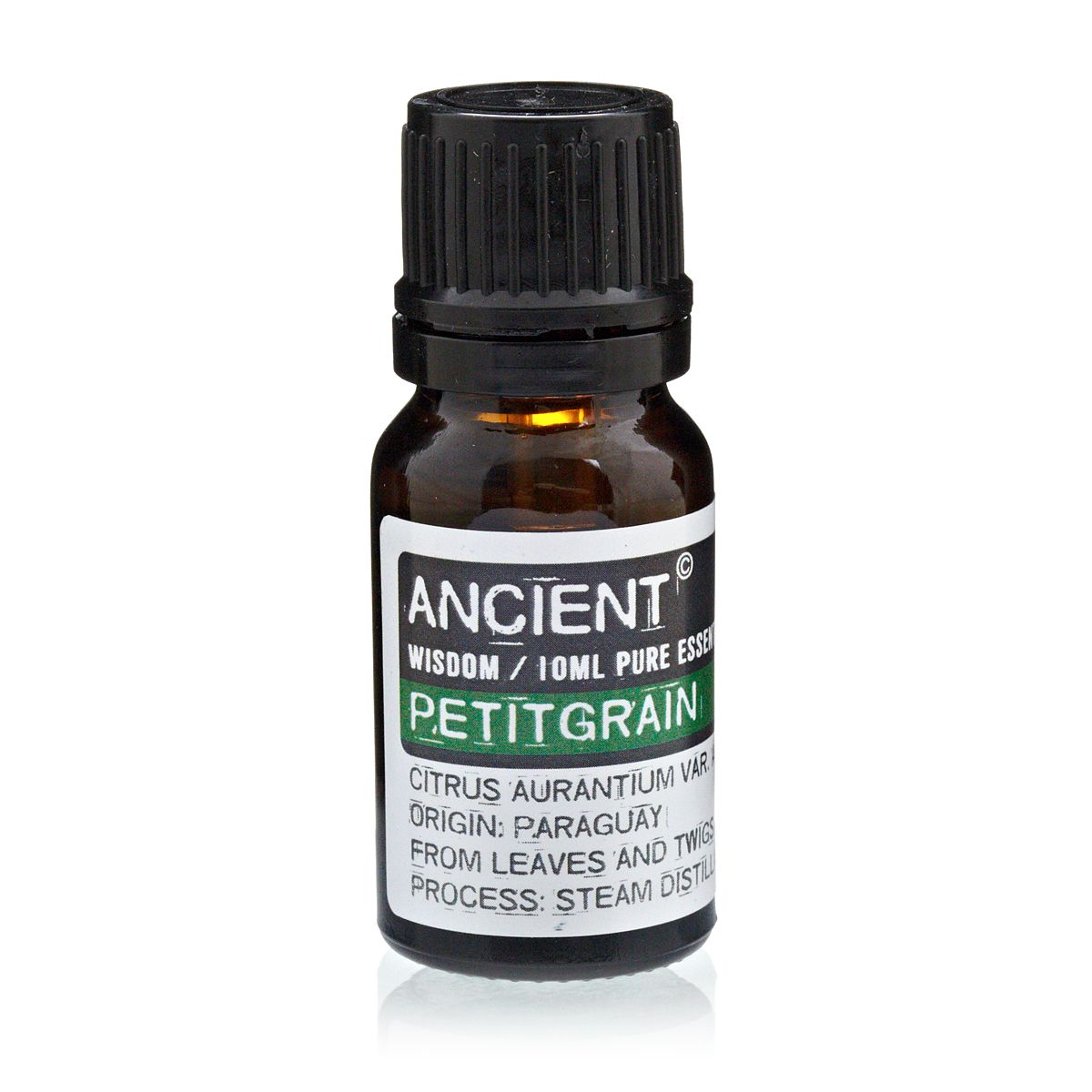 Alt-Tag: Petitgrain ätherisches Öl – 10 ML Flasche Petitgrain ätherisches Öl 10 ml, Braunglas, Etikett Ancient Wisdom, Herkunft Paraguay