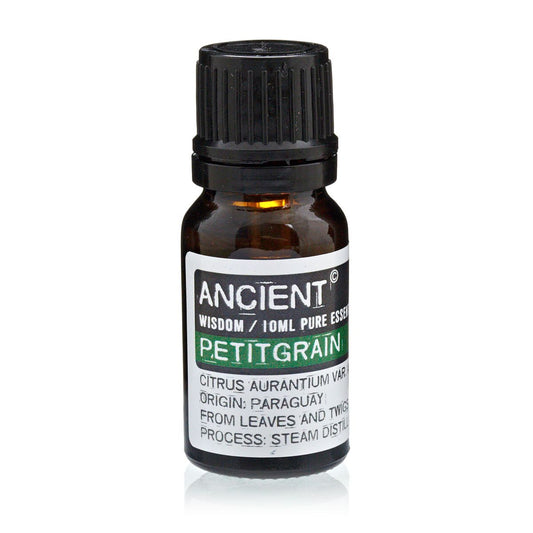Alt-Tag: Petitgrain ätherisches Öl – 10 ML Flasche Petitgrain ätherisches Öl 10 ml, Braunglas, Etikett Ancient Wisdom, Herkunft Paraguay