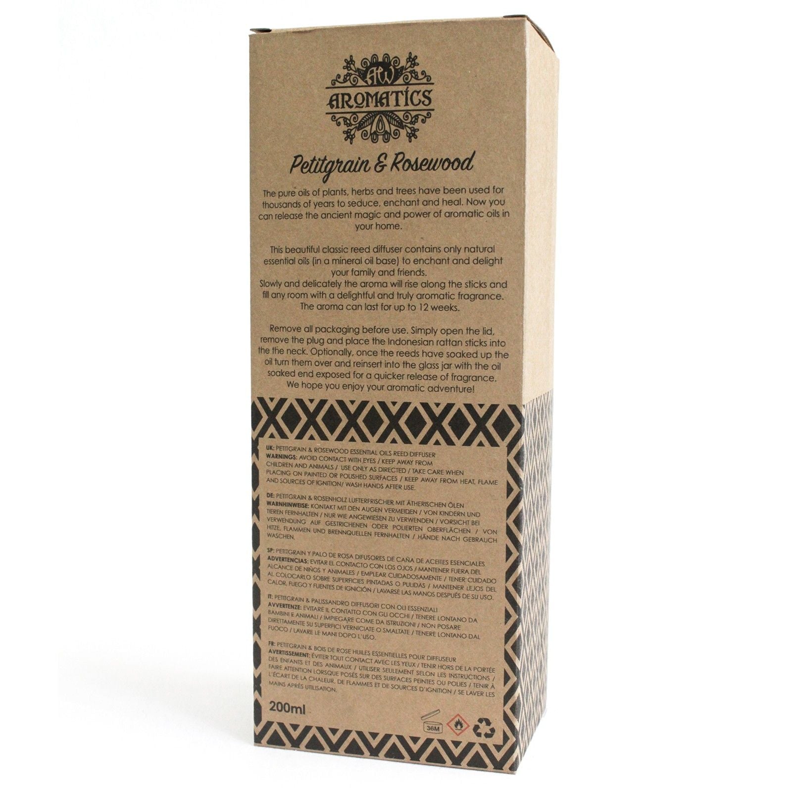 Petitgrain & Rosenholz-Duftstäbchen-Diffuser – 200ML Verpackungsschachtel, Marke Aromatics, brauner Karton mit Produktdetails und 200 ml Inhalt