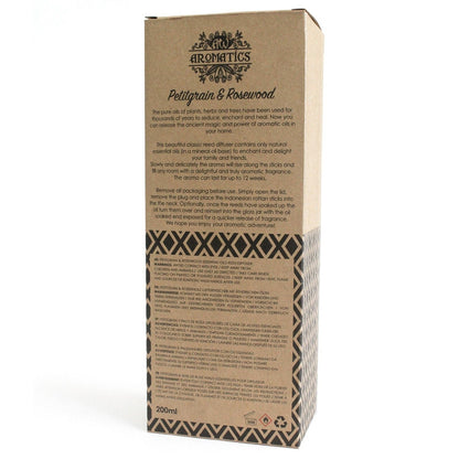 Petitgrain & Rosenholz-Duftstäbchen-Diffuser – 200ML Verpackungsschachtel, Marke Aromatics, brauner Karton mit Produktdetails und 200 ml Inhalt