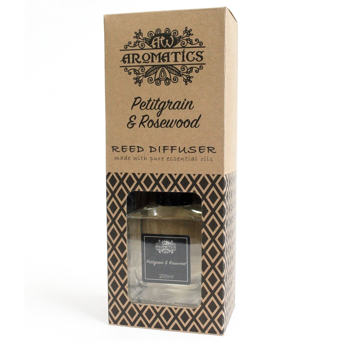 Alt-Tag: Petitgrain & Rosewood Reed Diffuser – 200ML in Aromatics-Box, Raumduft mit Duftstäbchen mit Glasflakon und Etikett 200ml