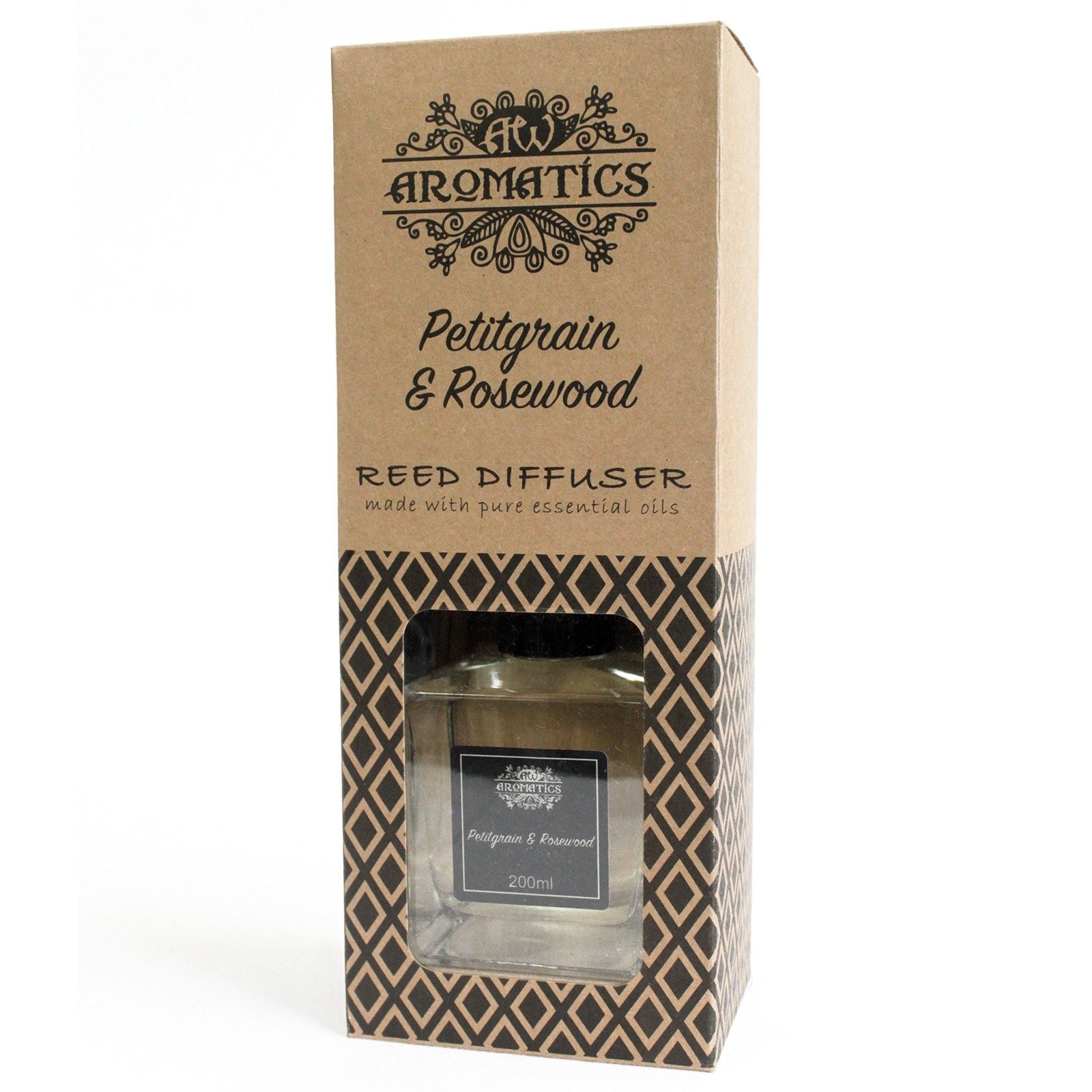 Alt-Tag: Petitgrain & Rosewood Reed Diffuser – 200ML in Aromatics-Box, Raumduft mit Duftstäbchen mit Glasflakon und Etikett 200ml