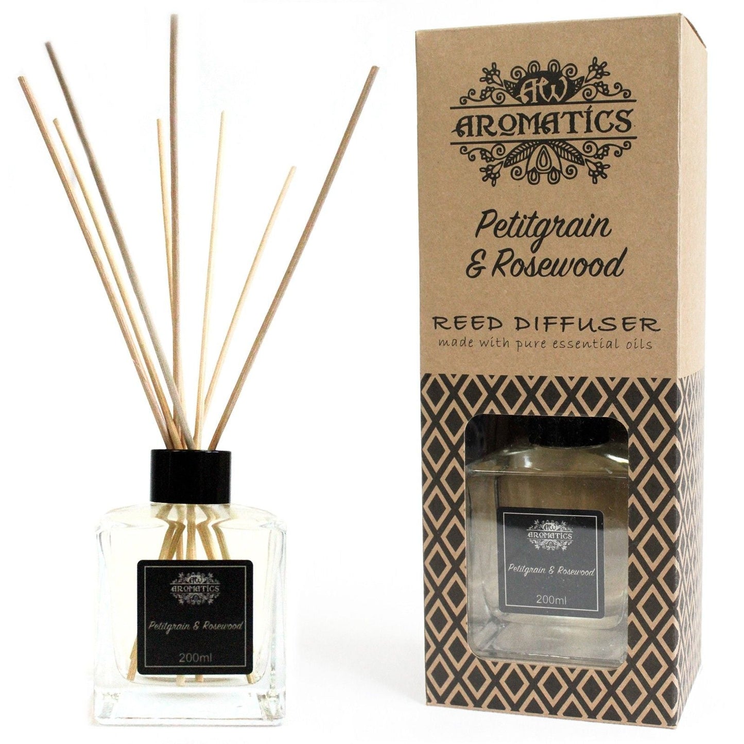 Petitgrain & Rosewood Raumduft-Diffuser mit Duftstäbchen – 200ML in Glasflasche mit Stäbchen und Aromatics-Box, Duft nach Petitgrain und Rosewood