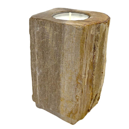 Alt Tag: Petrified Wood Candle Holder – Single Tall, natural petrified wood tall candle holder with tea light insert