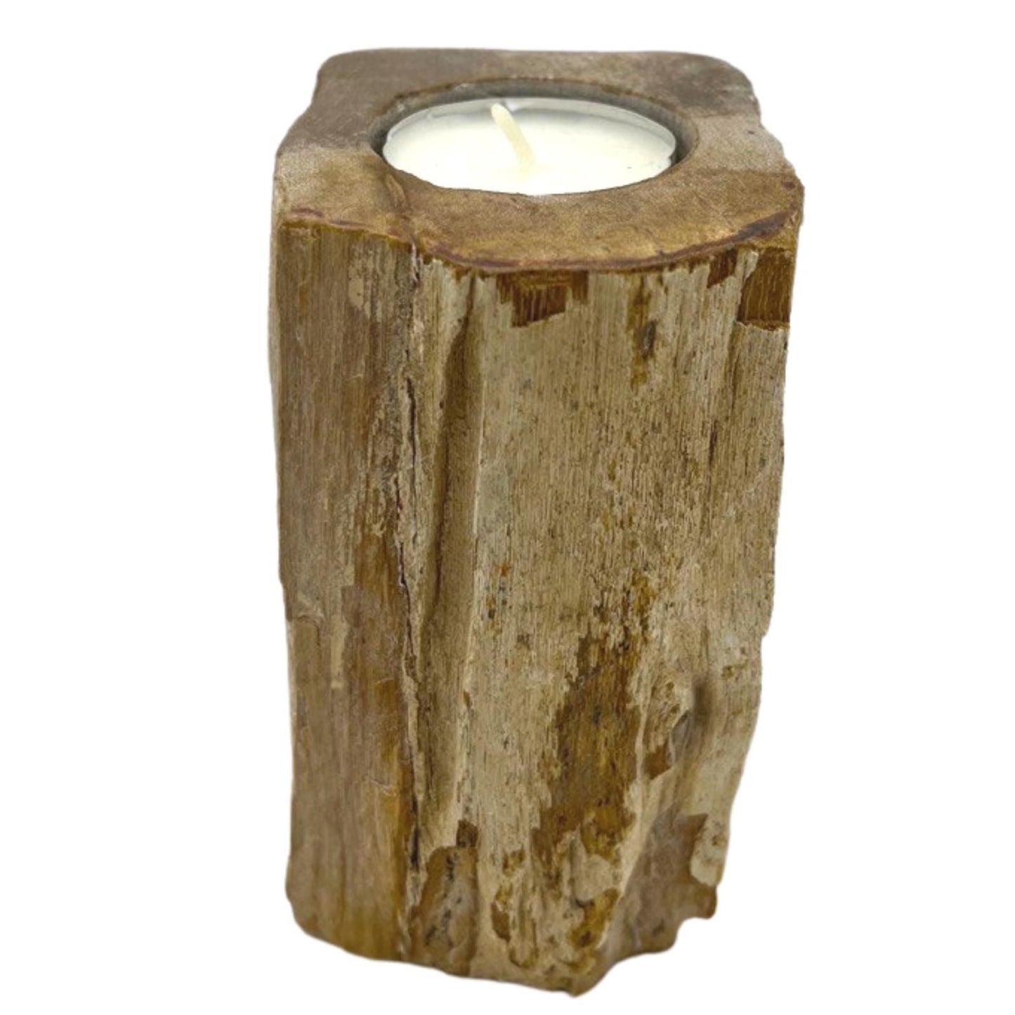Alt Tag: Petrified Wood Candle Holder – Single Tall, genuine petrified wood tall candle holder with tea light, natural beige-brown texture