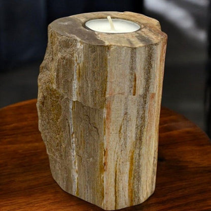 Alt Tag: Petrified Wood Candle Holder – Single Tall de madera petrificada, portavelas alto con vela tipo tealight sobre mesa de madera