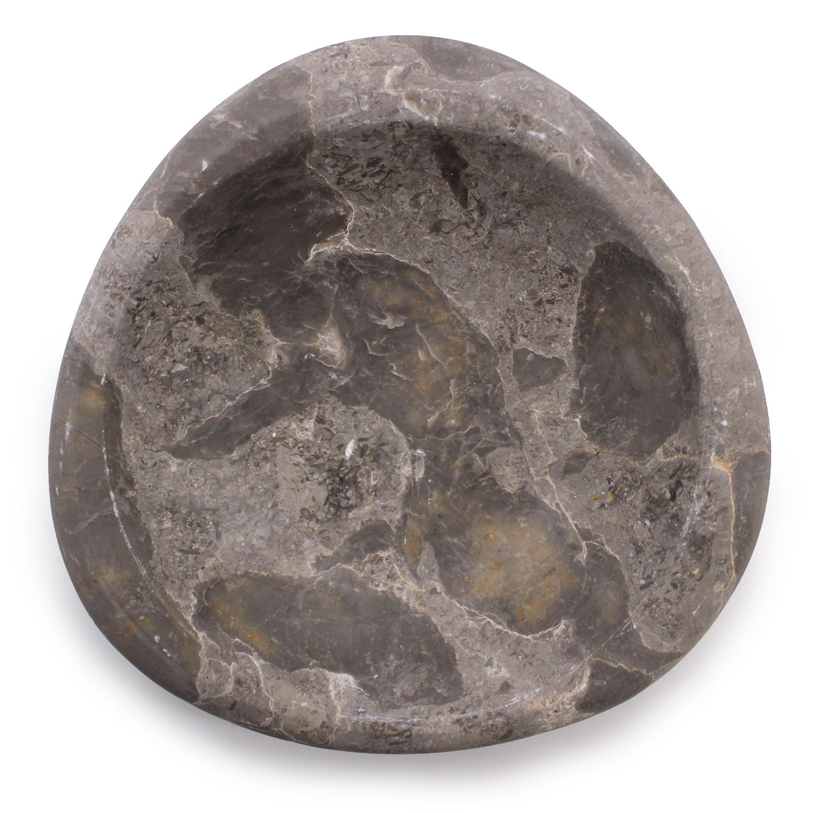 Alt Tag: Petrified Wood Soap Dish – 12x12x3 CM, round petrified wood soap dish with natural gray stone grain for bathroom countertop