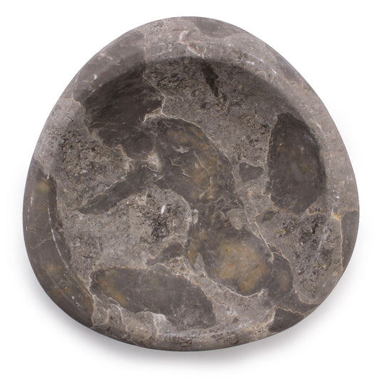 Alt Tag: Petrified Wood Soap Dish – 12x12x3 CM, round petrified wood soap dish with natural gray stone grain for bathroom countertop