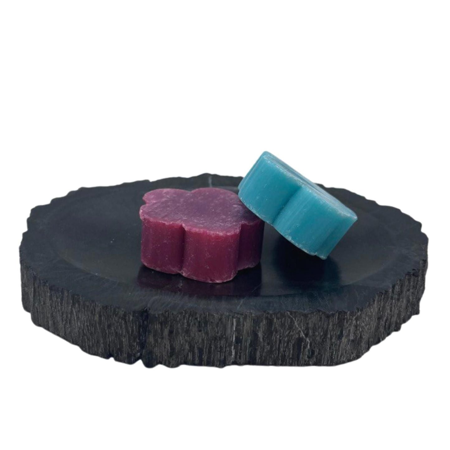 Alt Tag: Petrified Wood Stone Soap Dish – 14.5x10 CM with two bar soaps on natural petrified wood stone tray, black finish