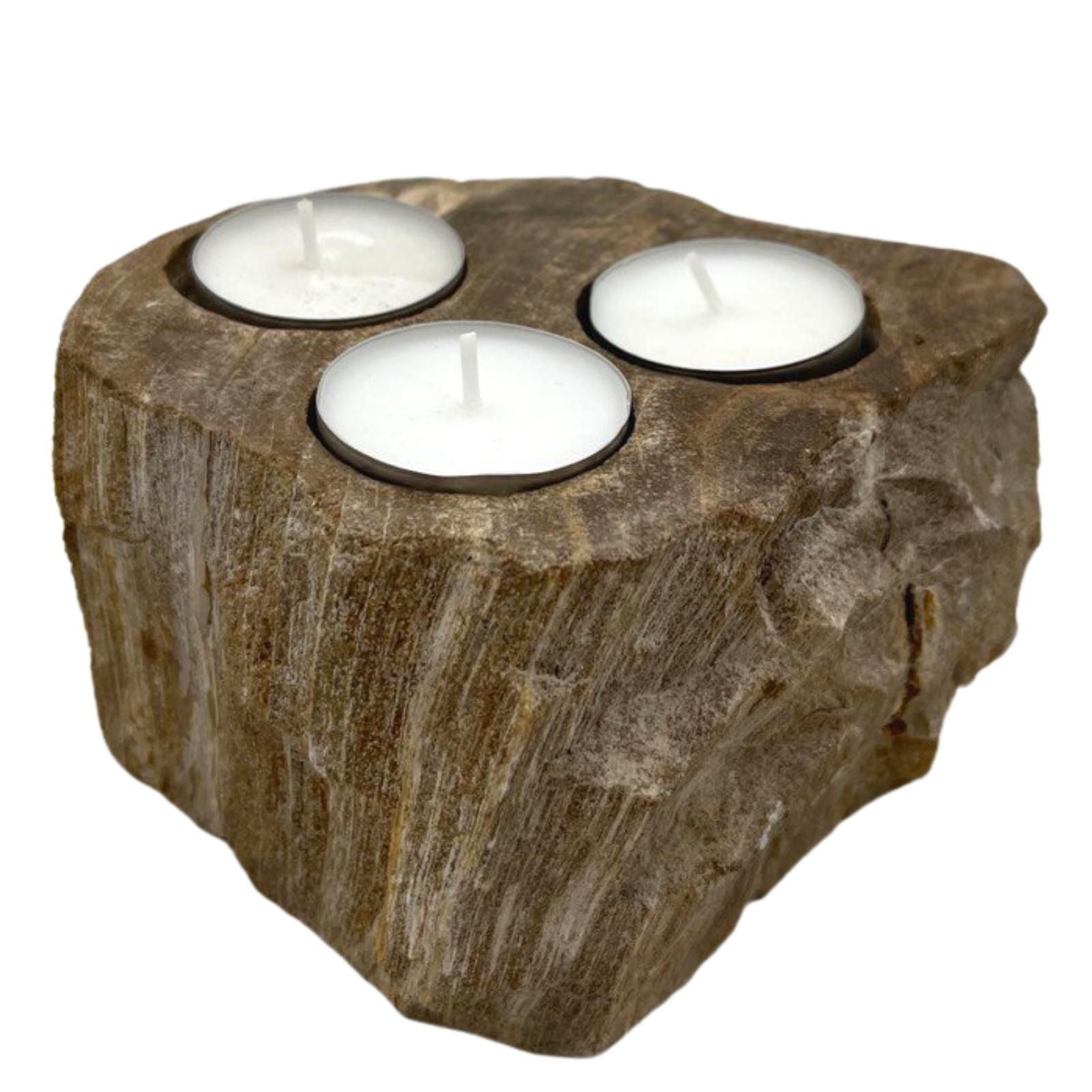 Petrified Wood Candle Holder – Triple 15 CM, soporte de madera petrificada con 3 velas tealight en bloque natural