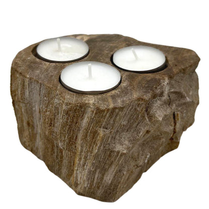 Petrified Wood Candle Holder – Triple 15 CM, soporte de madera petrificada con 3 velas tealight en bloque natural