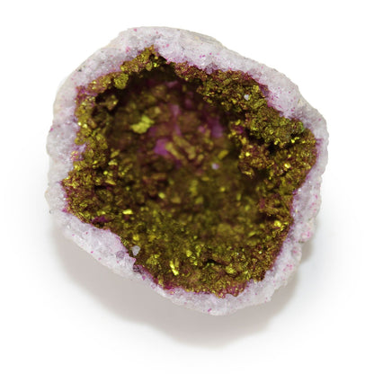 Alt Tag: Pink & Gold Calcite Geode – 8.5x6 CM, natural calcite and selenite geode with pink rim and gold crystal interior on white background